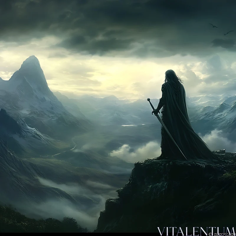 AI ART Lone Warrior Overlooking Misty Mountains