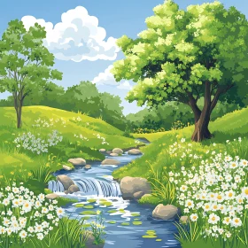 Peaceful Nature Scene with Flowing Stream