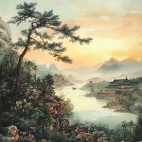 Peaceful Landscape with Lake and Mountains