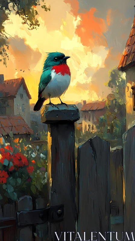 Vibrant Bird on Fence at Sunset AI Image