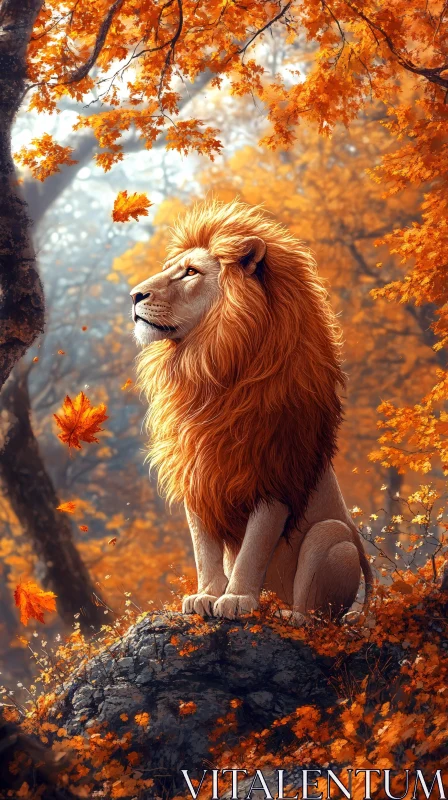 Lion Among Autumn Leaves AI Image