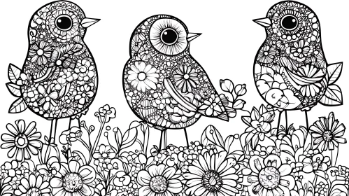 Birds and Flowers Line Art