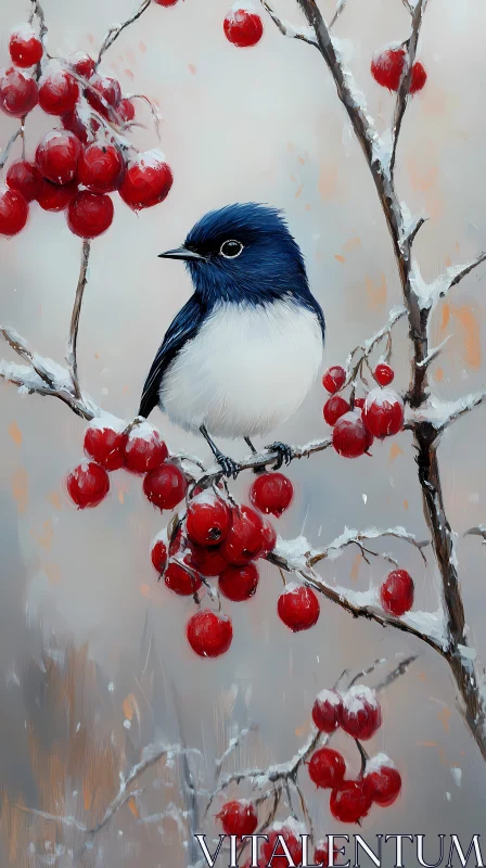 Winter Bird on a Snowy Branch AI Image