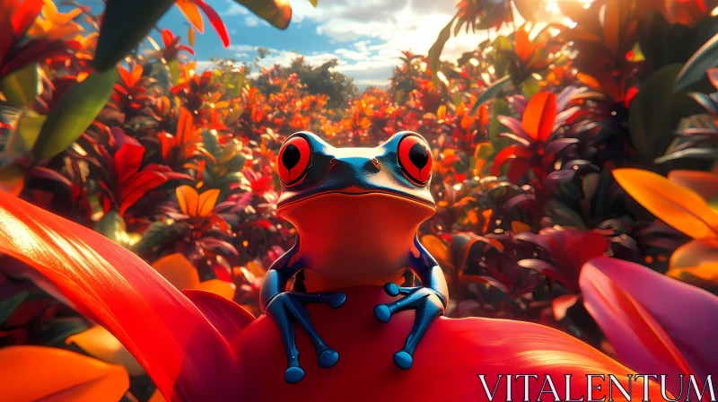 Colorful Frog in Sunlit Jungle AI Image