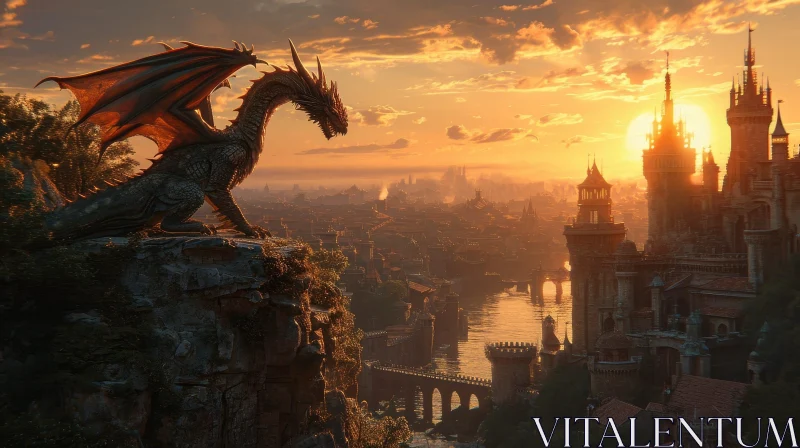 Dragon Perched on Cliff | Majestic Medieval City Painting AI Image