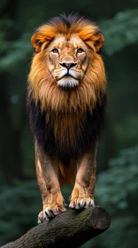 Lion Standing on a Tree Trunk