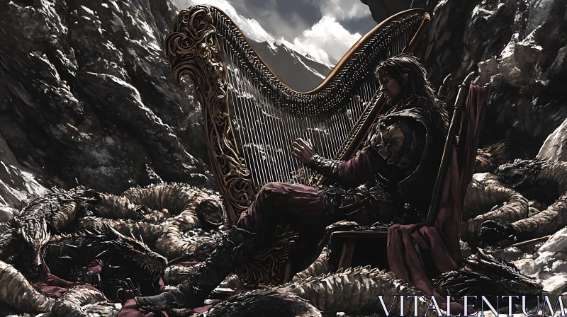 AI ART Melody of Victory: Harpist Amidst Dragons