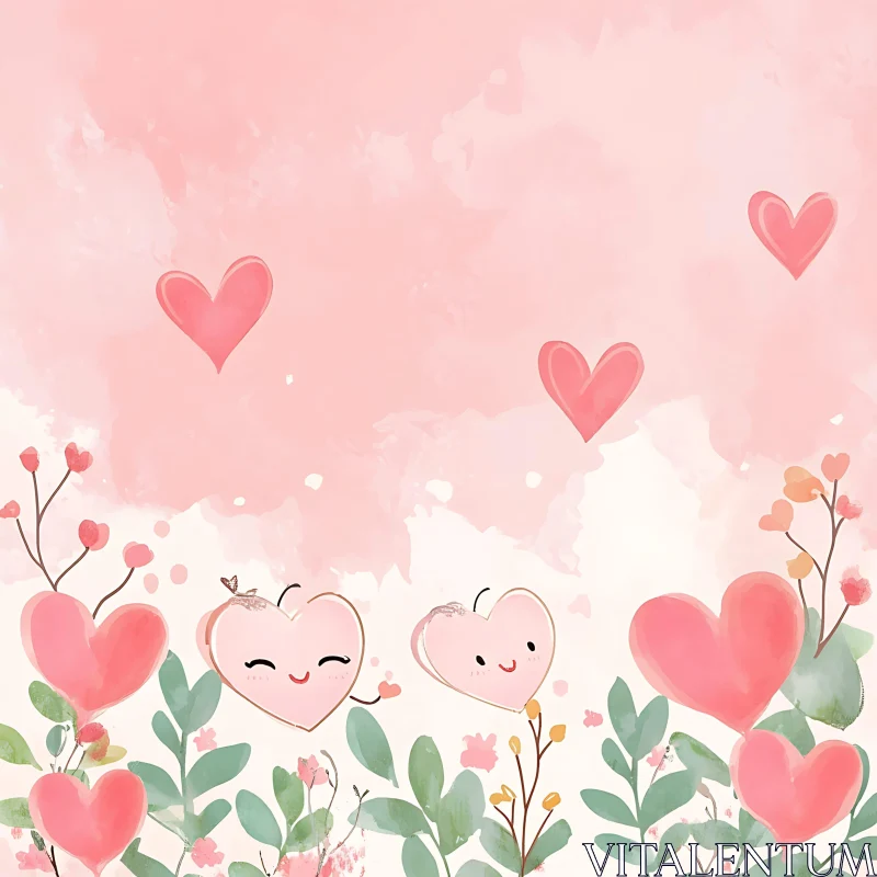 Pink Hearts and Foliage Whimsical Art AI Image