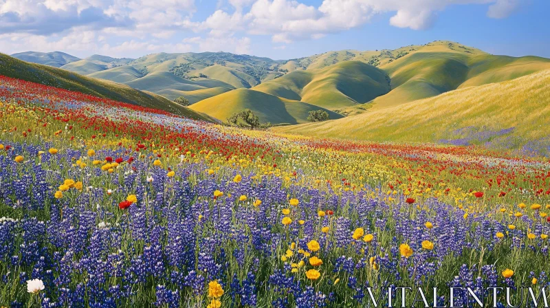 AI ART Vibrant Field of Wildflowers on Green Hills