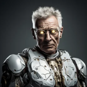 Futuristic Grandparentcore: A Man in a Metallic Suit with Golden Eyes
