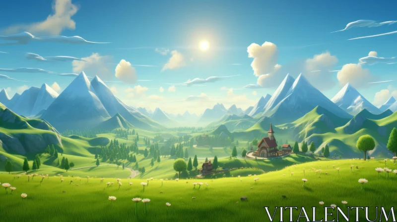 Zelda Game Landscape - A Serene Cartoonish Pastoral Scene AI Image