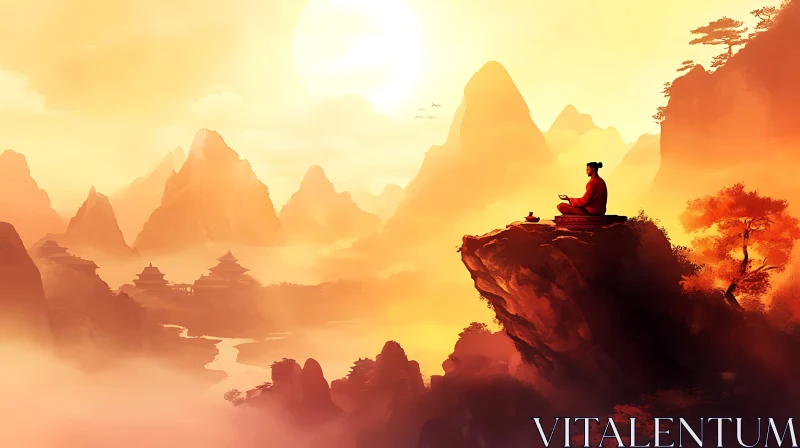 Meditative Contemplation in Mountain Landscape AI Image