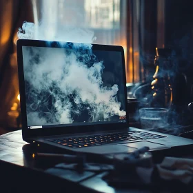Laptop Emitting Smoke in a Dark Room