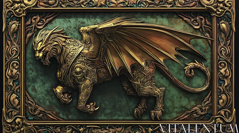 AI ART Winged Golden Dragon in Ornate Frame