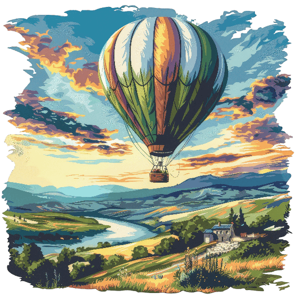 Explore Tranquility: Hot Air Balloon in Serene Landscape POD Design