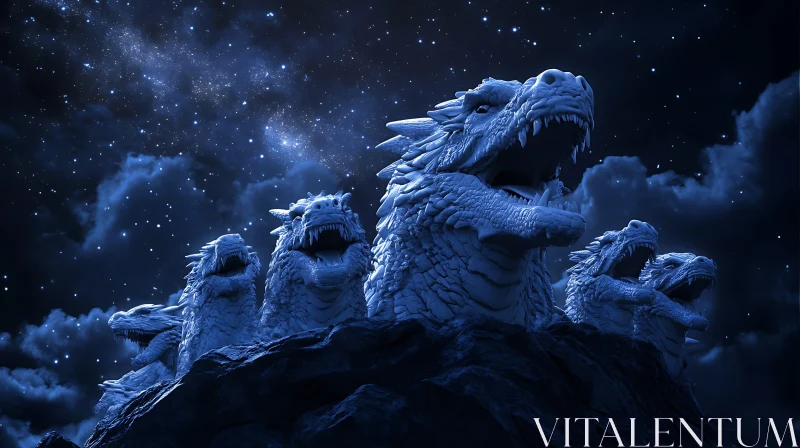 Dragon Statues Mountain Night Scene AI Image