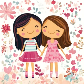 Whimsical Girls Illustration with Pastel Flowers