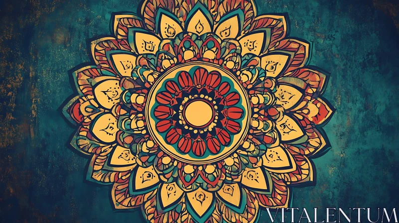 Symmetrical Mandala Art on Teal Backdrop AI Image