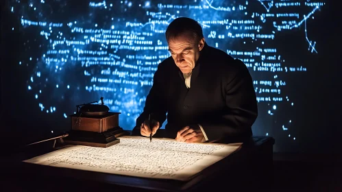 Man Writing with Illuminated Background