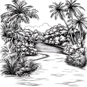 Monochrome Forest River Drawing with Lush Foliage