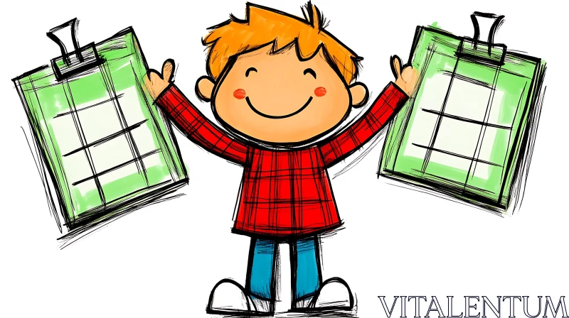 Smiling Cartoon Boy Holding Clipboards AI Image