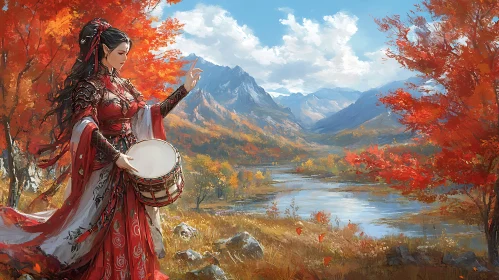 Lady Drummer in Autumnal Mountain Scene