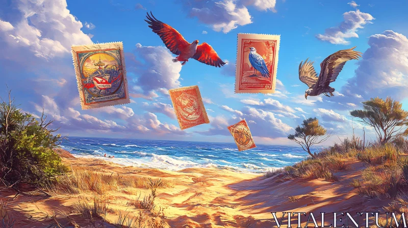 AI ART Coastal Flight of Birds and Stamps