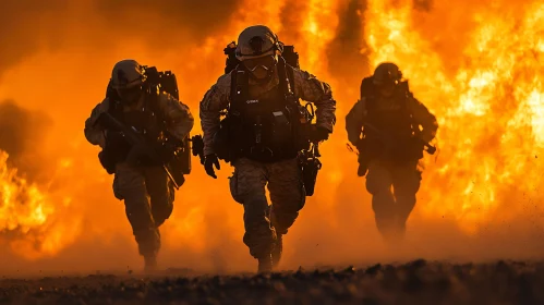 Military Men in Burning Landscape