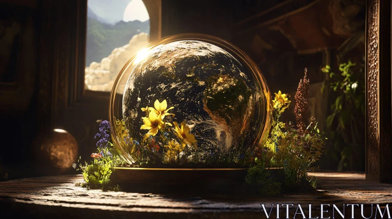 Celestial Sphere and Floral Arrangement AI Image