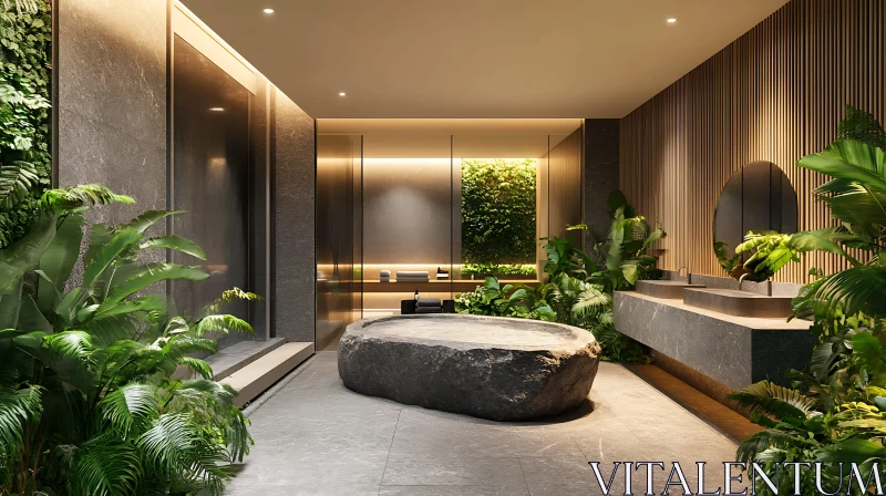 Elegant Minimalist Bathroom with Natural Elements and Green Plants AI Image