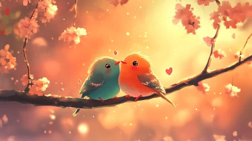 Birds in Love on Blossoming Branch