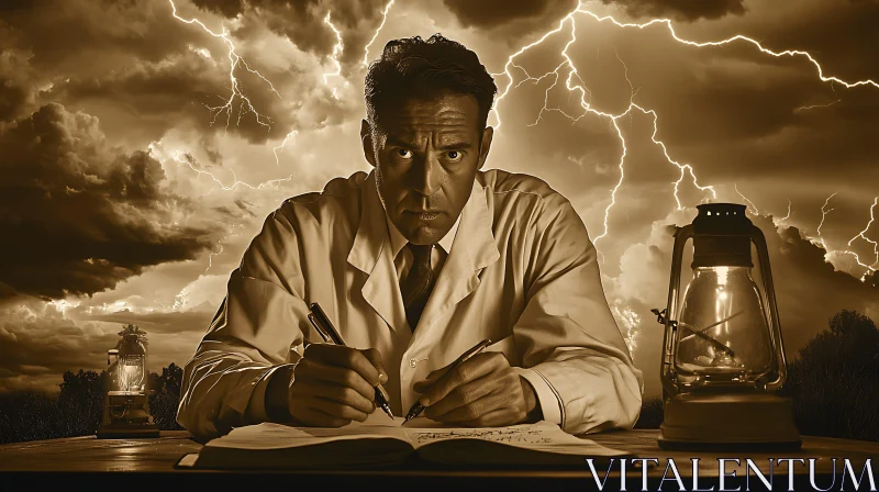 Scientist Writing During a Thunderstorm AI Image