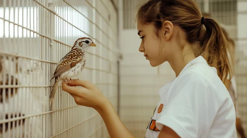 Gentle Encounter: Girl Holding a Bird