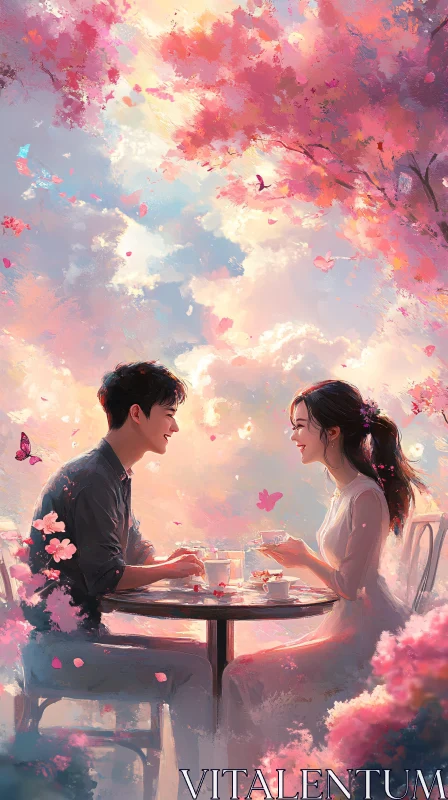 AI ART Couple's Tea Time in a Blossom Garden