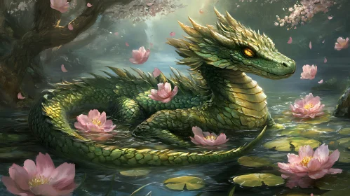 Serene Dragon with Pink Lotus Flowers