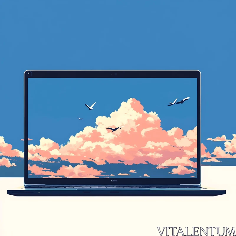 Laptop Displaying a Sky Scene with Clouds and Birds AI Image