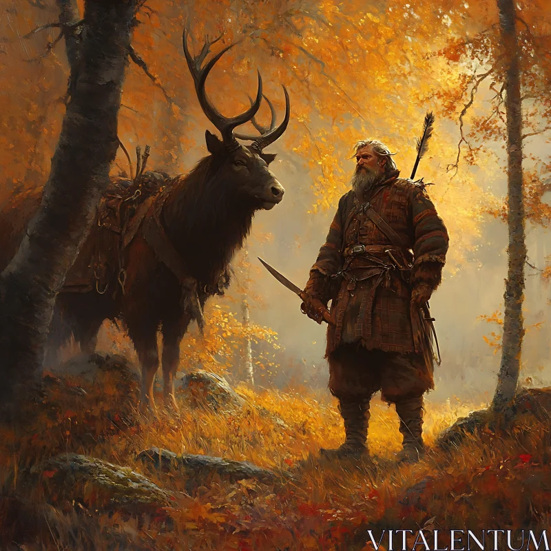 AI ART Warrior and Deer in Autumnal Forest