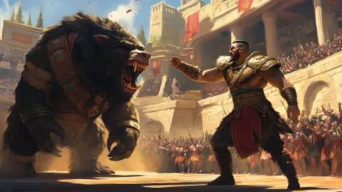 Gladiator Confronts Bear in Ancient Arena