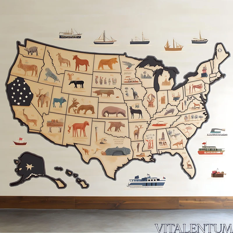 USA States Illustrated with Animals and Landmarks AI Image