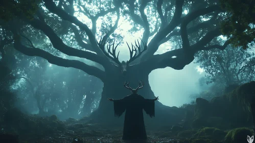 Cloaked Figure in Misty Forest with Antlered Tree