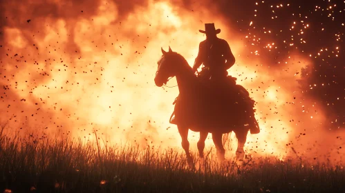 Lone Cowboy and Horse in Firelight