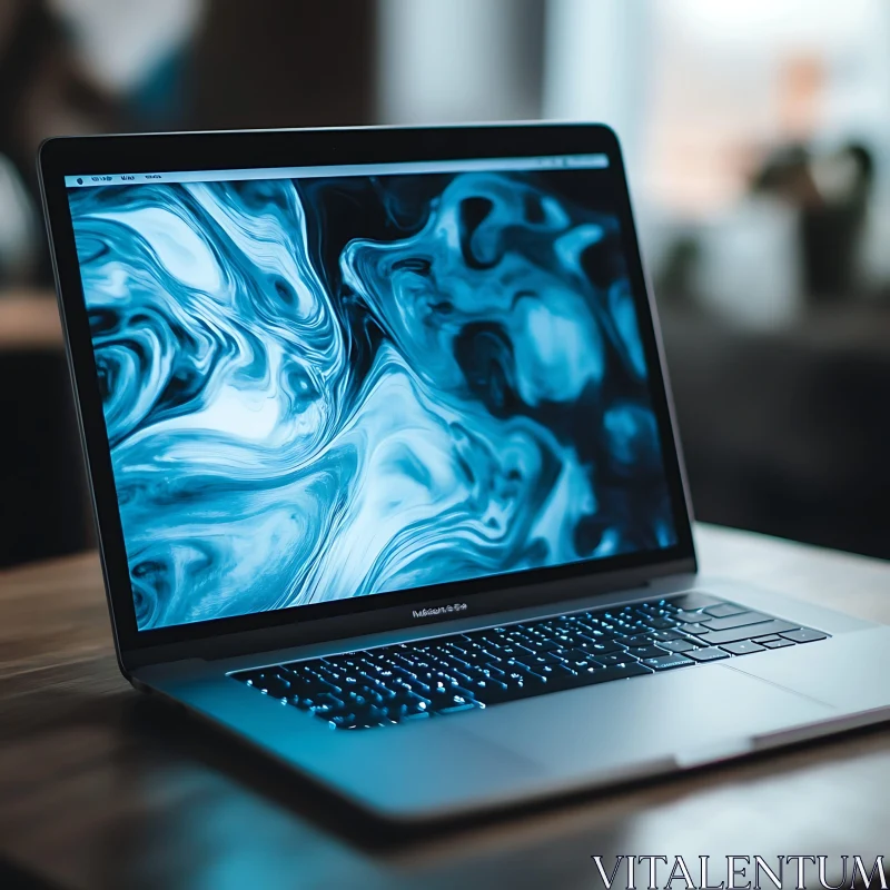 Stylish Laptop with Blue and White Abstract Display AI Image