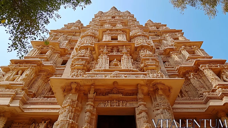 Ornate Temple Facade Under Blue Sky AI Image