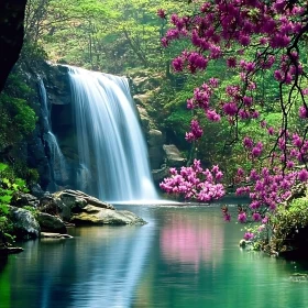 Waterfall with Pink Blossom in Lush Forest