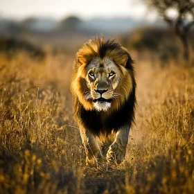 Lion Striding Through Field