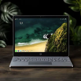 Sleek Laptop Featuring Scenic Beach Background