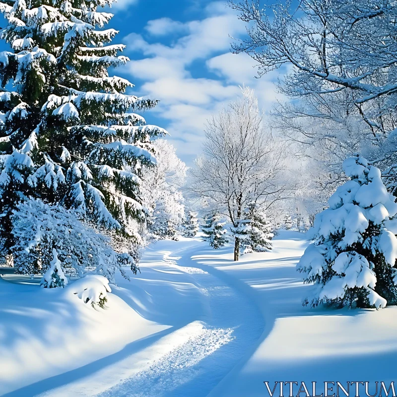 Snow-Covered Path in Scenic Winter Forest AI Image