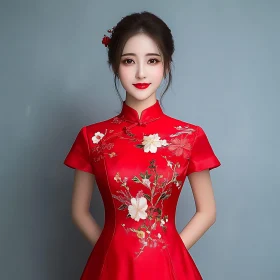 Woman in Red Dress with Floral Design