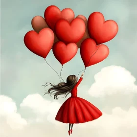 Girl with Heart Balloons in the Sky