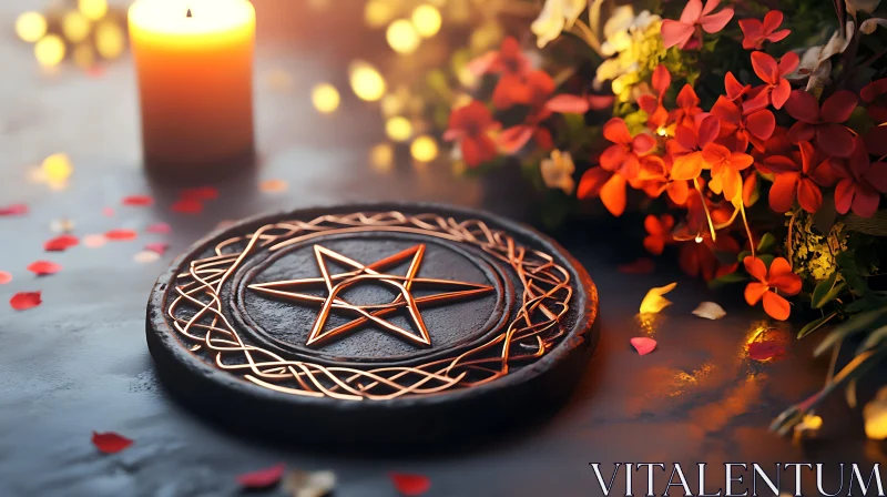 AI ART Mystical Pentagram Altar with Flowers and Candlelight